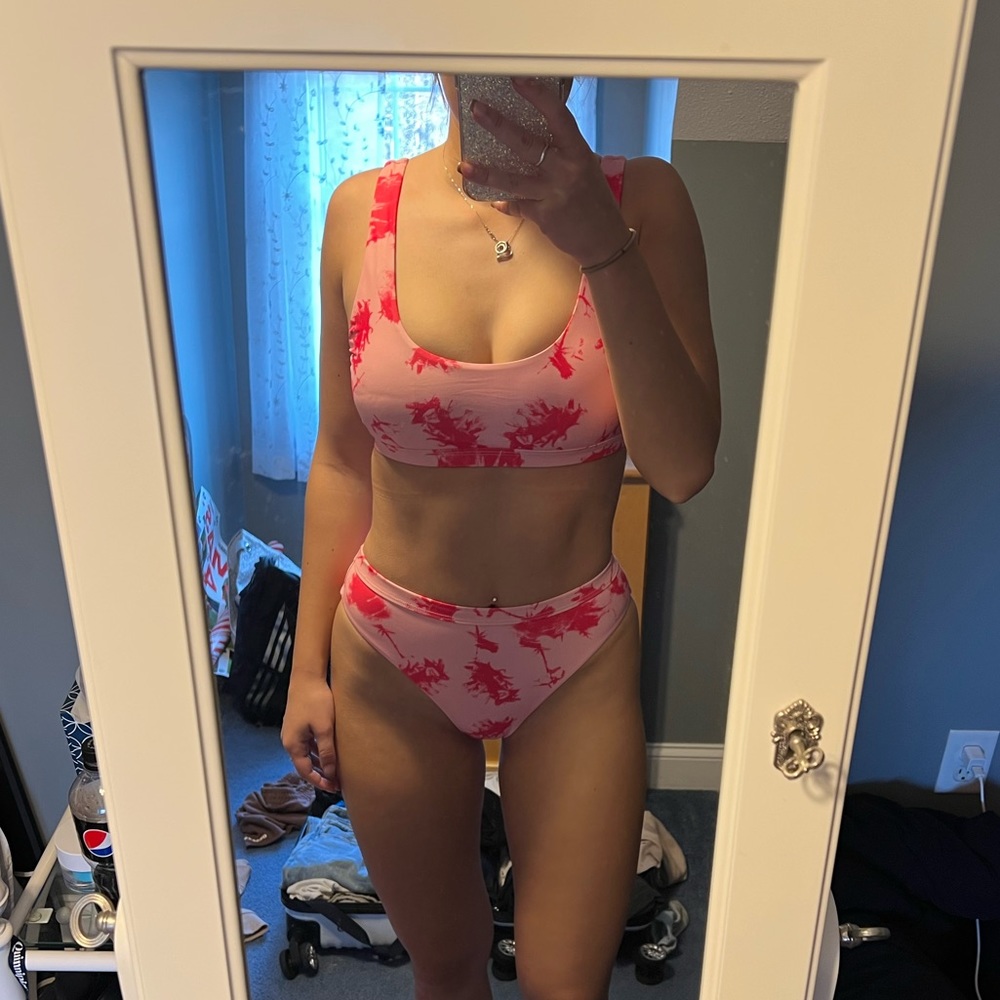 Tie dye pink bikini with high rise bottoms